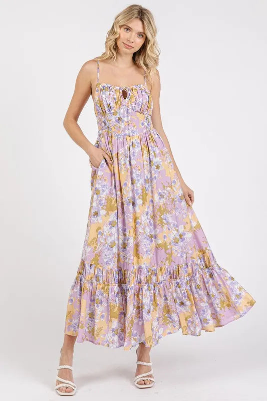 Floral Smocked Back Ruffled Hem Maxi Cami Dress in Lavender - product view 3