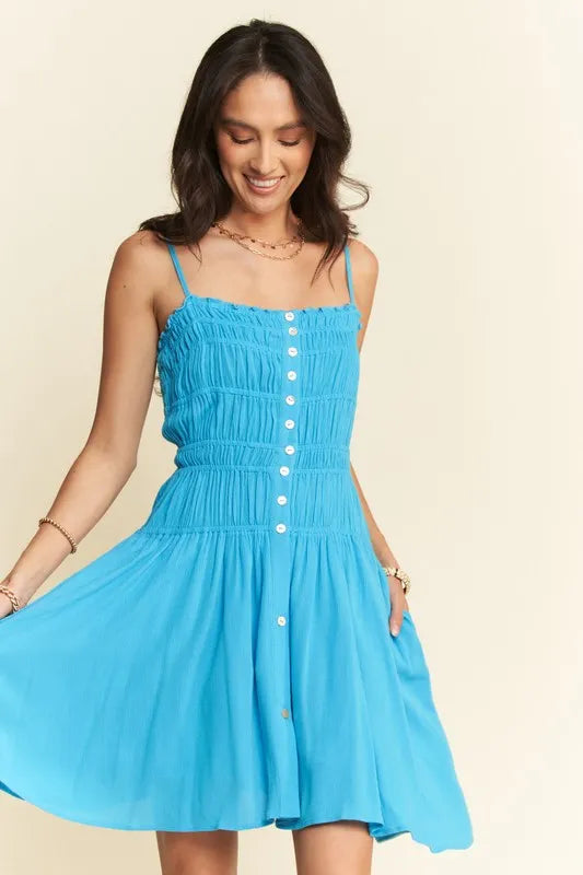 Smocking Bodice Sleeveless Button Down Mini Dress in Azure - product view 1
