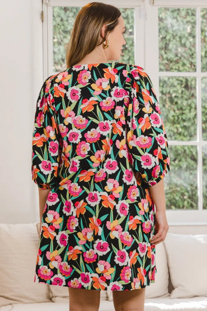 Full Size Floral Puff Sleeve Mini Dress in Black Multi - product view 2