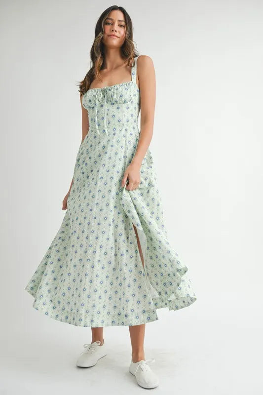 Floral Print Bustier Back Lace Up Midi Dress - Mint - product view 8