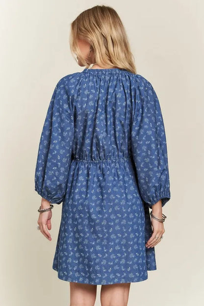 Batwing Sleeves Floral Dress in Denim/White - product view 3