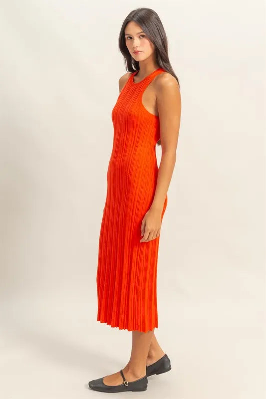 Round Neck Bodycon Ribbed Knit Dress - Tomato - product view 2