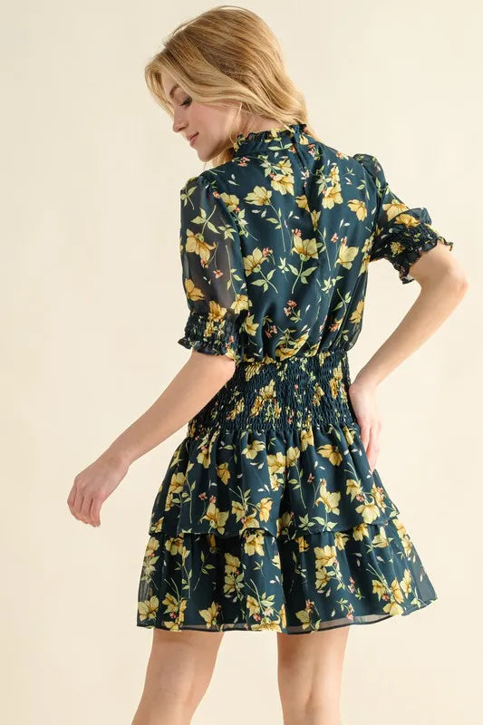 Floral Print Smocked Waist Mini Dress in Hunter Green - product view 4