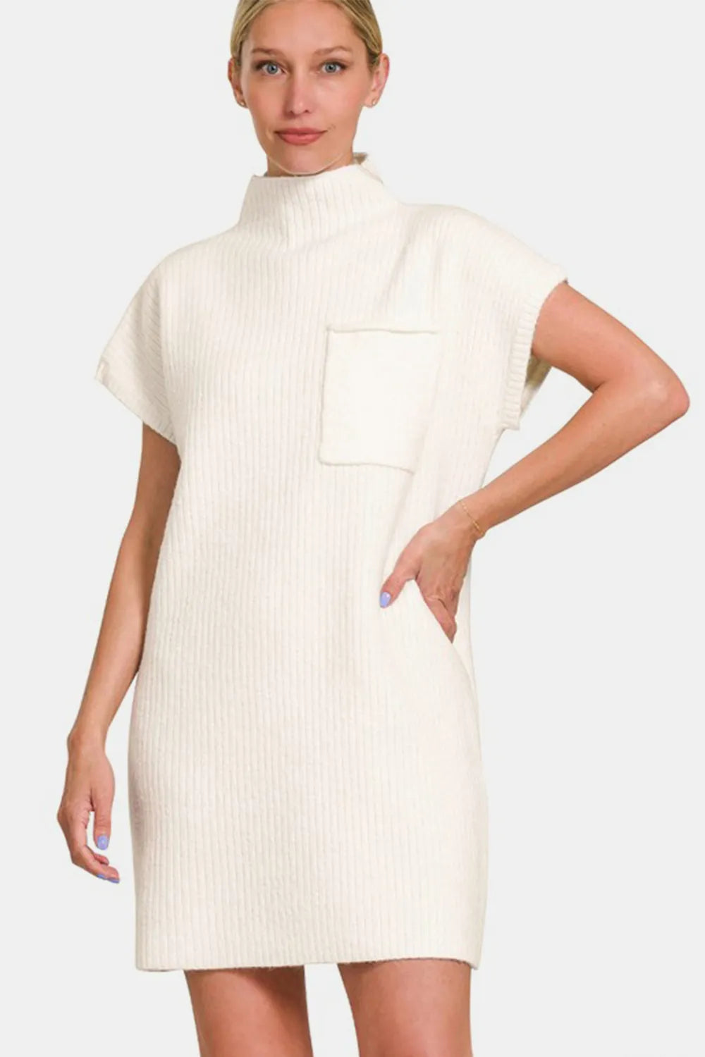 Short Sleeve Sweater Mini Dress - Ivory - product view 3