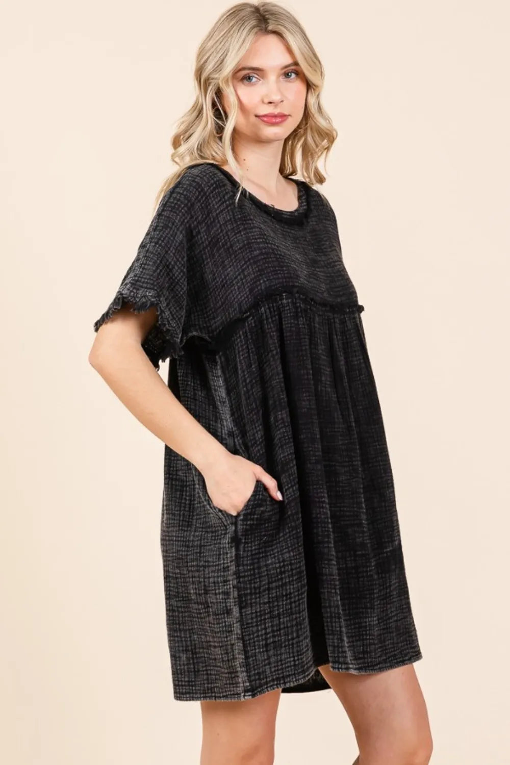 Full Size Short Sleeve Babydoll Texture Dress with Pockets - Black - product view 3
