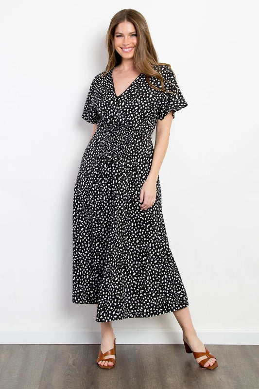 Full Size Printed Smocked Waist Dress in Black - product view 1