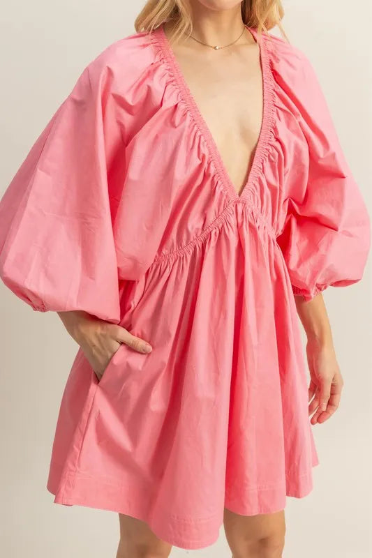 Plunge Balloon Sleeve Poplin Mini Dress with Pockets in Coral - product view 4
