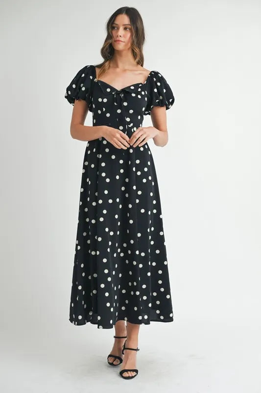Polka Dot Puff Sleeve Midi Dress - Black - product view 3