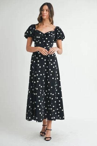 Polka Dot Puff Sleeve Midi Dress - Black - product view 3
