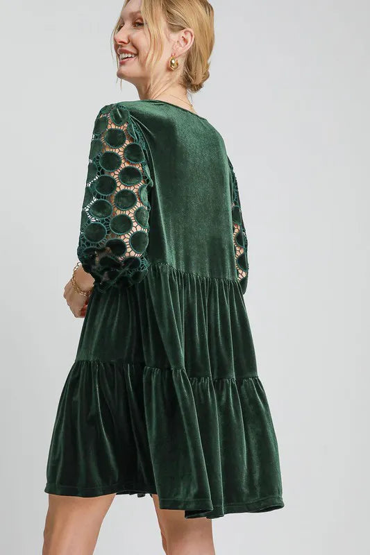 Dotted Lace Sleeve Tiered Velvet Mini Dress - Dark Green - product view 2