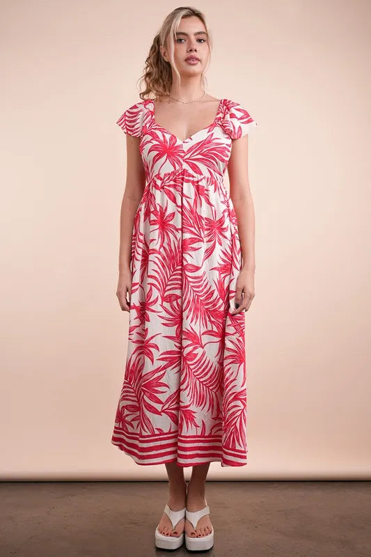Tropical Printed Midi Summer Boho Dress in Tomato Mix - product view 2