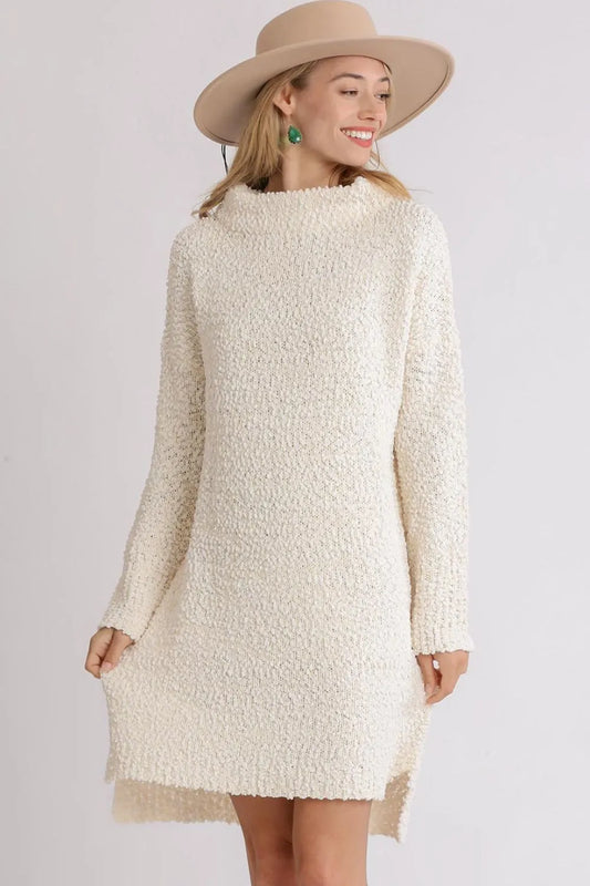 Full Size High Low Long Sleeve Boucle Sweater Dress Plus Size in Cream - product view 1