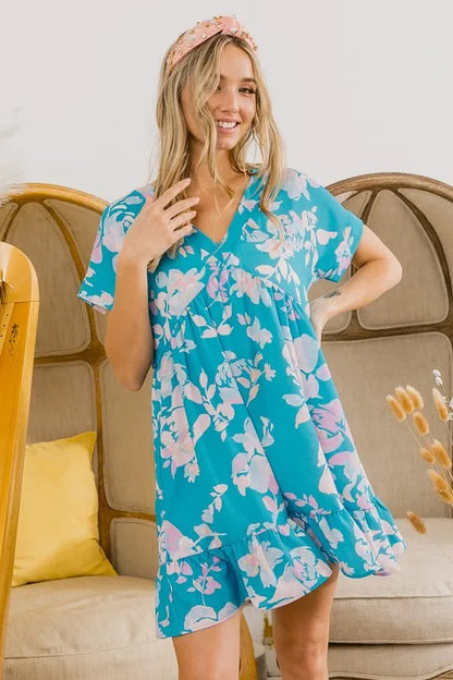 Floral Crinkle Shirred Ruffle Detail V Neck Dress in Soft Blue - product view 18