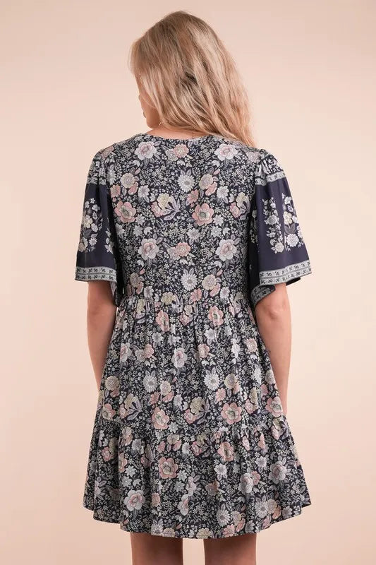 Shirring Detail Printed Woven Mini Dress in Navy Mix - product view 3