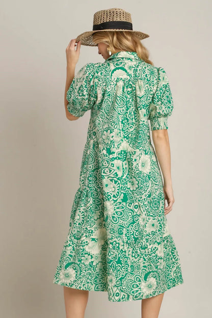 Full Size Printed Smocked Cuff Puff Sleeve Midi Dress Plus Size in Green - product view 2