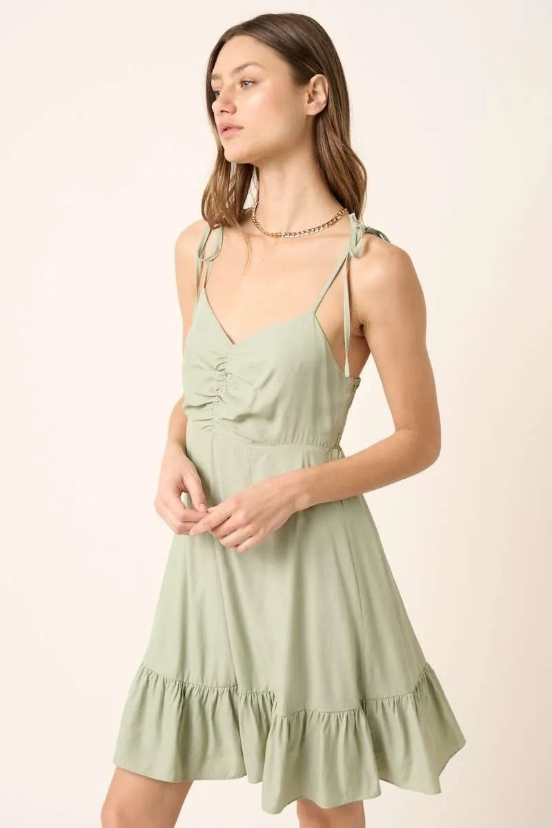 Ruched Detail Spaghetti Tie Mini Dress - Sage - product view 2