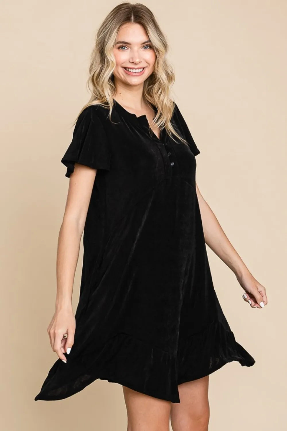 Full Size Short Sleeve Ruffled Asymmetric Hem Dress - Black - product view 3