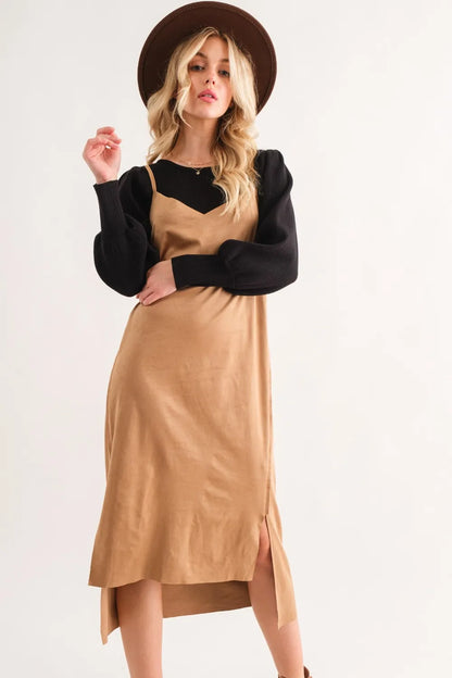 Faux Suede Cut Edge Slit Cami Midi Dress in Khaki - product view 3