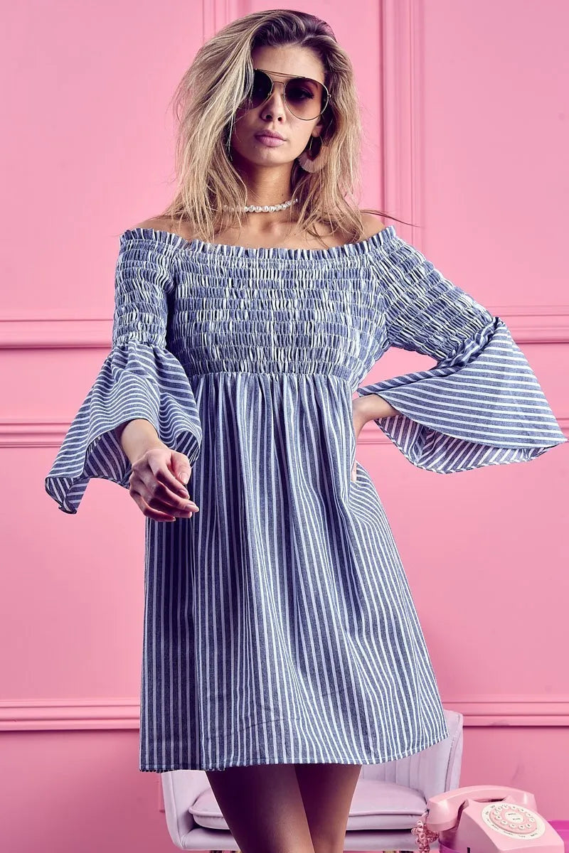 Smocked Off Shoulder Striped Dress - Denim - product view 3