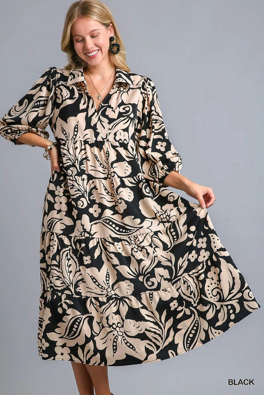 Floral Print Tiered Midi Dress - Black - product view 1