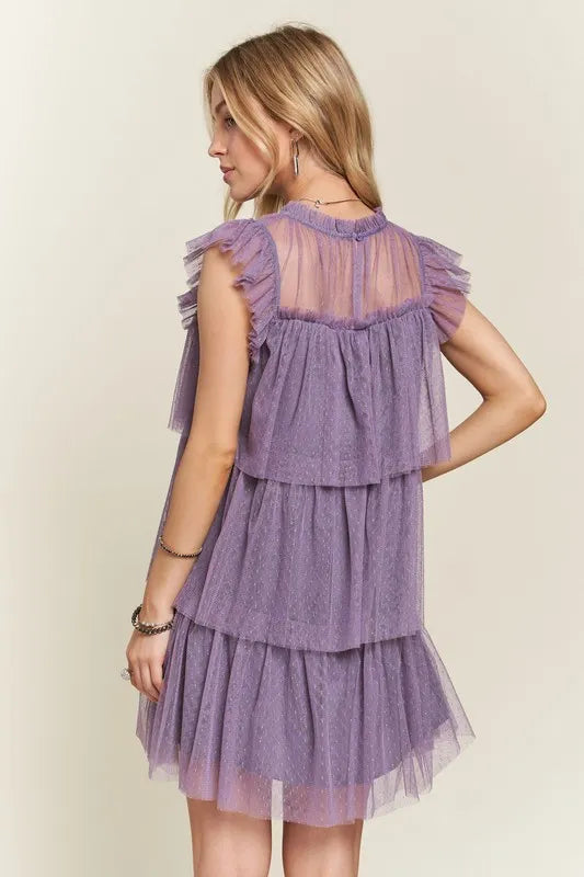 Layered Ruffled Cap Sleeve Mesh Dress in Mauve - product view 3