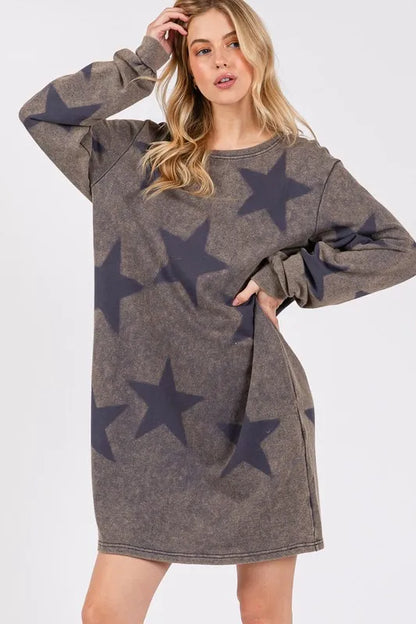 Washed Star Print Round Neck Dress in Dark Gray - product view 1