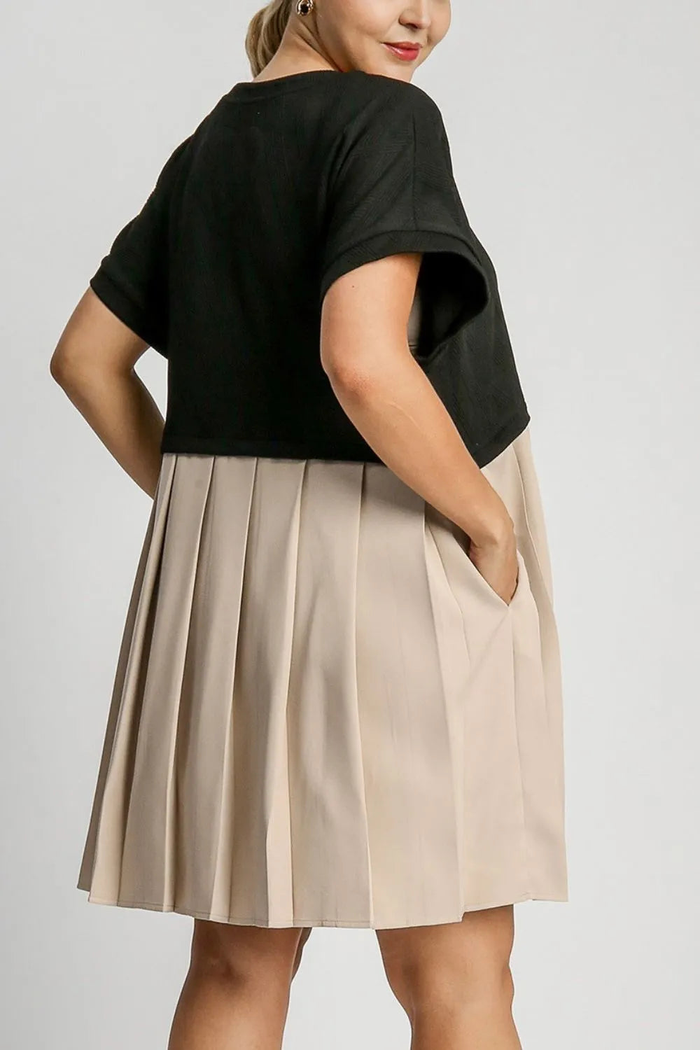 Full Size Round Neck Pleated Dress with Side Pockets Plus Size in Black - product view 5