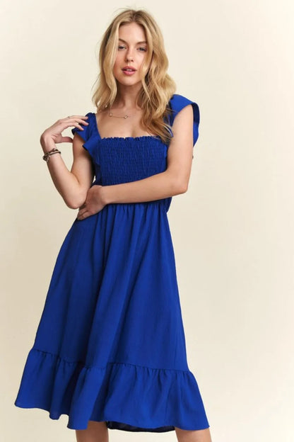 Smocked Square Neck Ruffled Cap Sleeve Dress in Royal Blue - product view 1