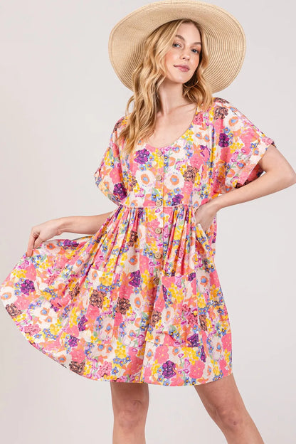 Floral Short Sleeve Babydoll Dress with Pockets in Multi - product view 1
