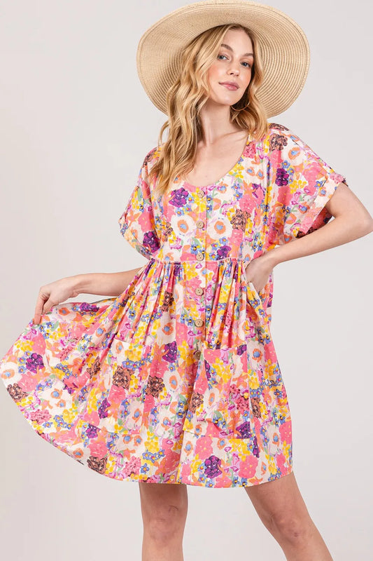 Floral Short Sleeve Babydoll Dress with Pockets in Multi - product view 1