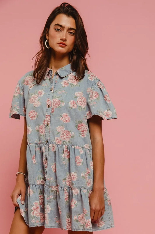 Floral Print Washed Lightweight Tiered Shirt Dress in Lt Denim - product view 2