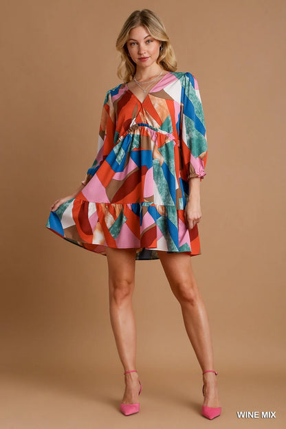 Abstract V-Neck Tiered Printed Dress - Wine Mix - product view 4