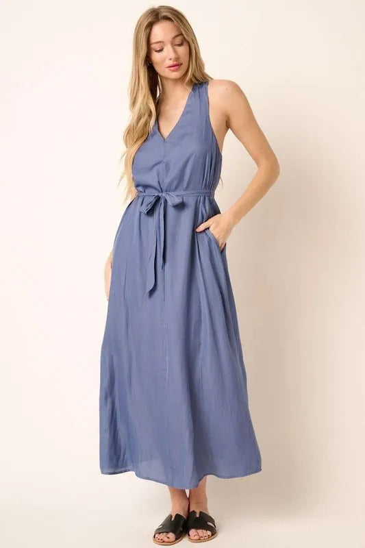 Cross Back Belted V Neck Tank Maxi Dress in Dusty Blue - product view 1
