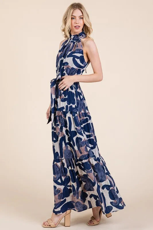 Abstract Halter Neck Tie-Waist Tiered Maxi Dress in Navy Combo - product view 9