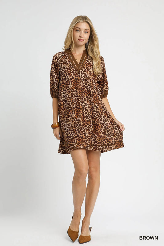 Full Size Leopard Print Mini Dress with Contrast Trim Plus Size - Brown - product view 2