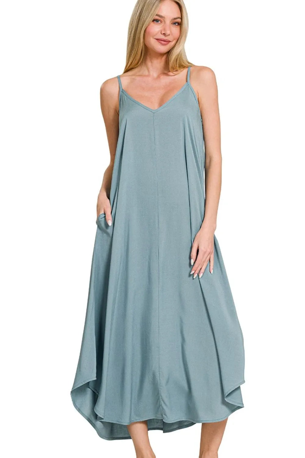 Woven Arc Hem Cami Dress With Flowy Pockets - Blue Grey - product view 1