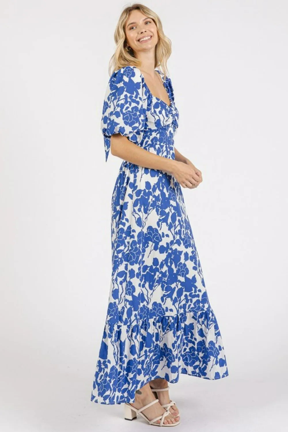 Cutout Back Floral Sweetheart Neck Puff Sleeve Dress in Royal - product view 5