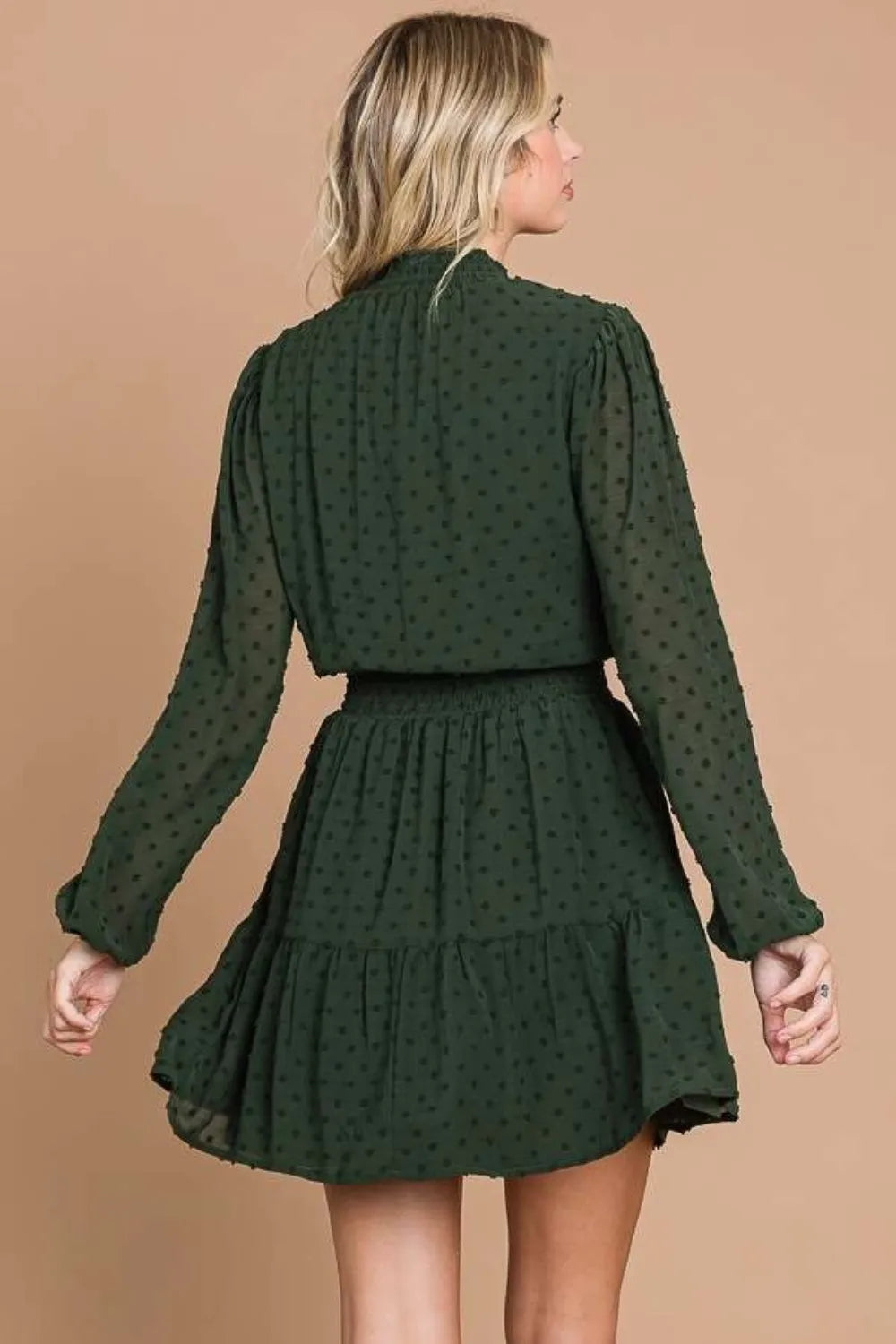 Swiss Dot Smock Neck Mini Dress with Pockets in D.Olive - product view 2