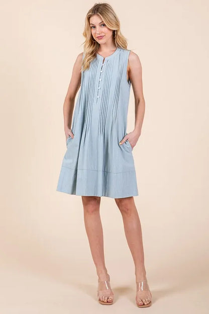 Denim Pintuck Detail Sleeveless Midi Dress in Lt Denim - product view 1
