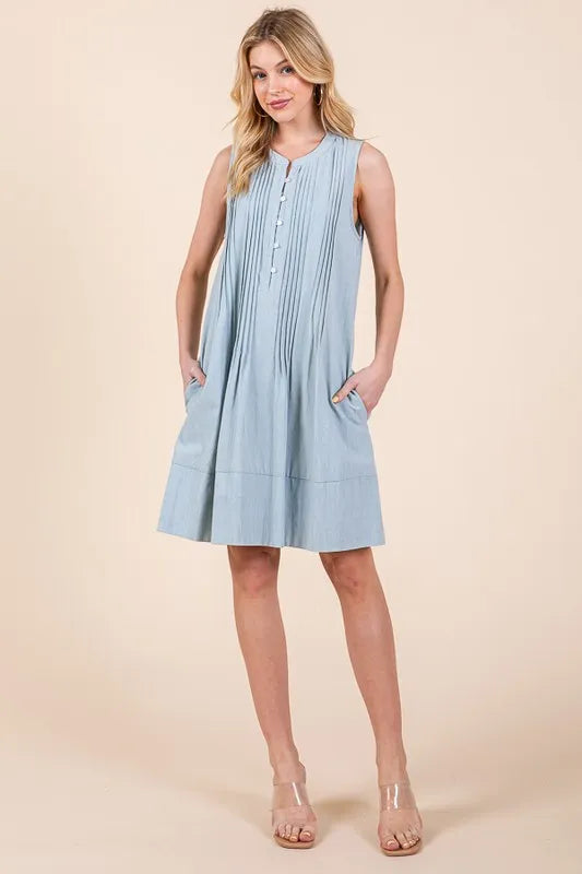 Denim Pintuck Detail Sleeveless Midi Dress in Lt Denim - product view 1