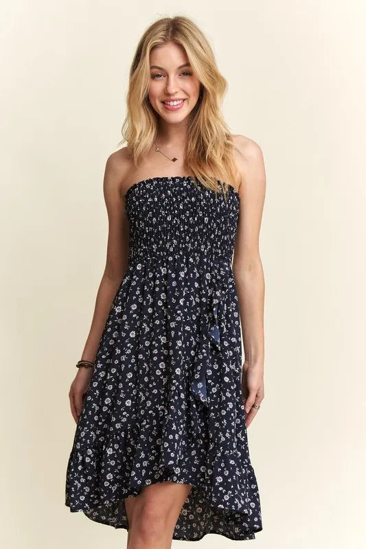 Smocked Floral Tube Dress with Pockets in Navy - product view 5