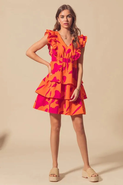 Floral V Neck Layered Dress with Elasticized Waist in Orange/Fuchsia - product view 14