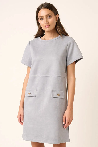 Suede Short Sleeve Mini Dress in Dusty Blue - product view 1