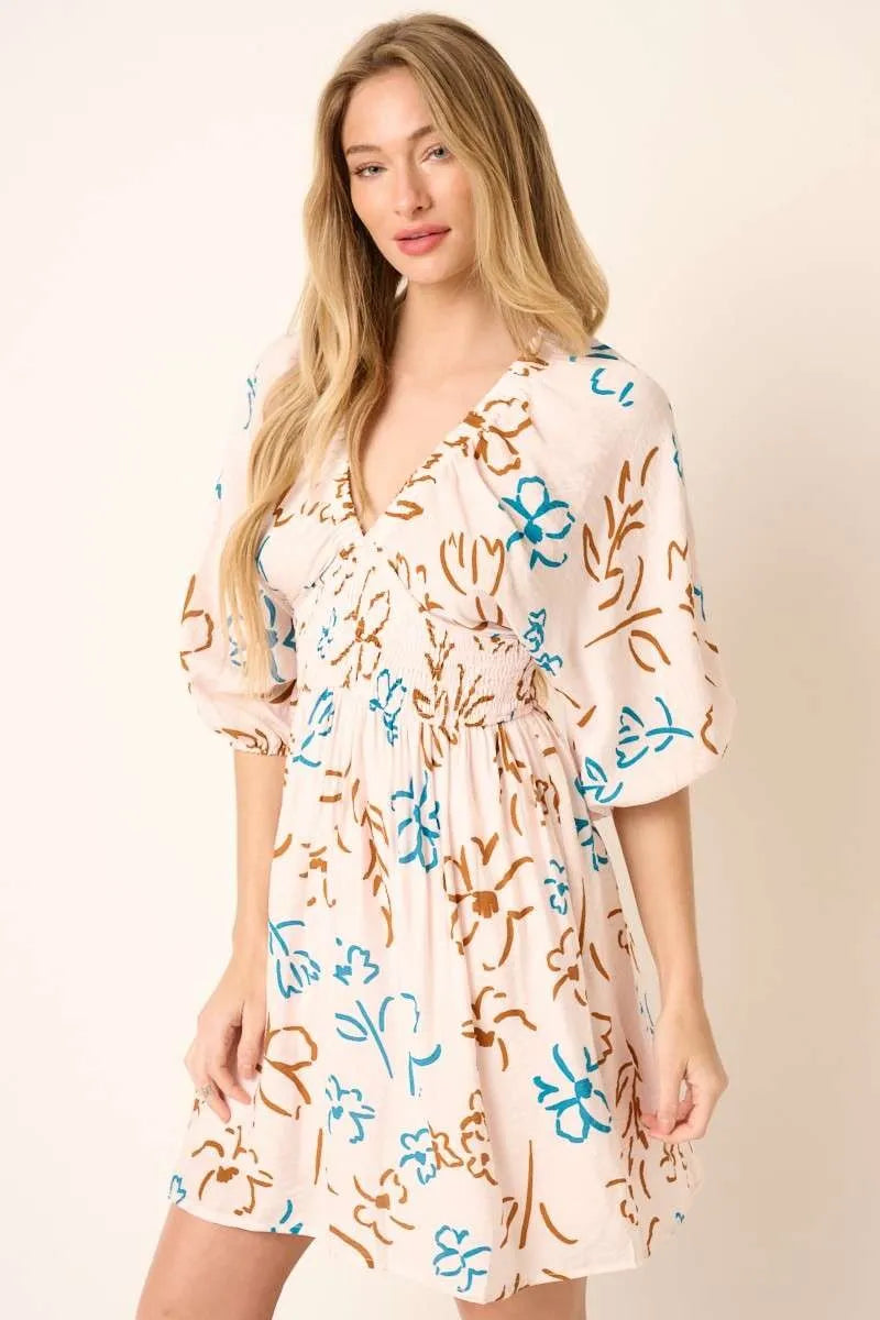 Flower Print Mocked Waist Mini Dress in Teal Combo - product view 1