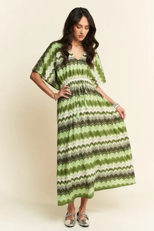 Multi Color Wavy Tie Waist Flowy Sleeve Dress - Sage Multi - product view 4
