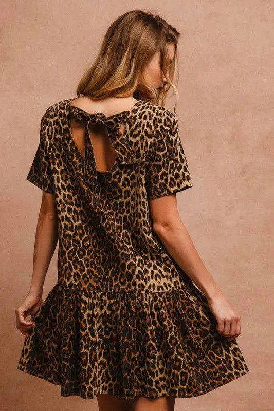 Tie Back Leopard Round Neck Short Sleeve Dress - product view 4