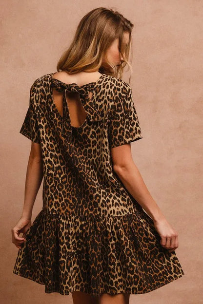 Tie Back Leopard Round Neck Short Sleeve Dress - product view 4