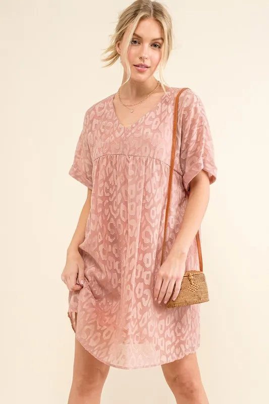 Woven Leopard Baby Doll Roll-Sleeve Casual Dress - Mauve - product view 7