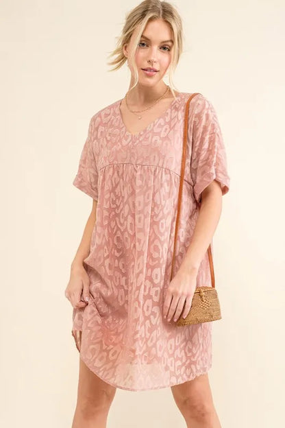 Woven Leopard Baby Doll Roll-Sleeve Casual Dress - Mauve - product view 7