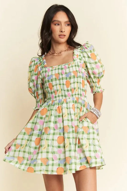 Fruits Printed Smocking Mini Dress - Sage - product view 1